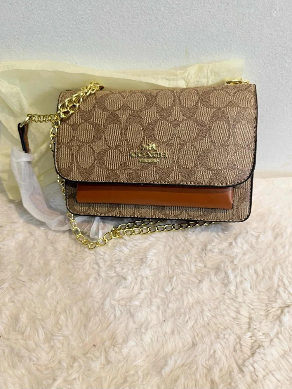Coach Tan Signature Canvas Crossbody with Gold Chain